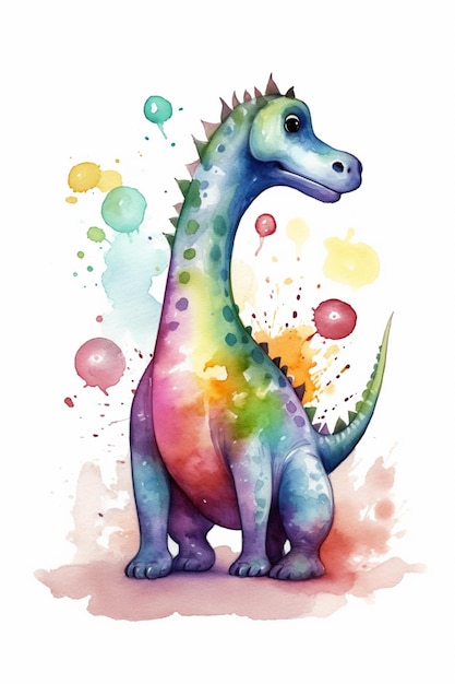 A watercolor illustration of a dinosaur with rainbow colors.