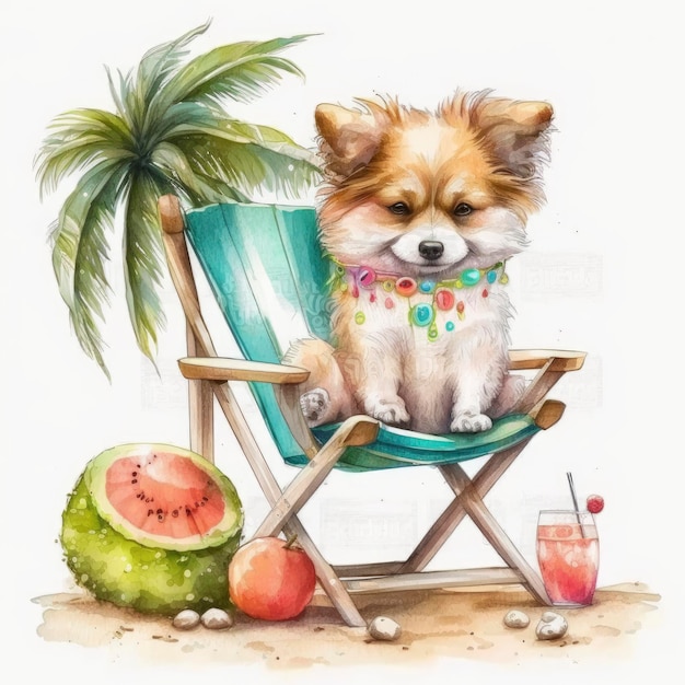 Watercolor illustration of a dog sitting in a chair on the beach.