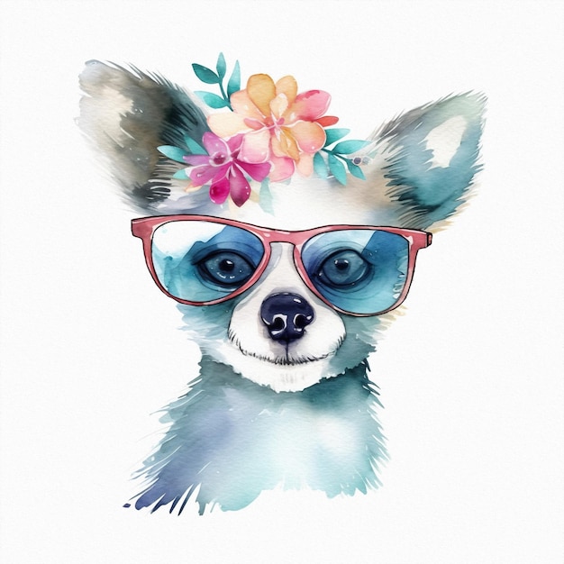 Watercolor illustration of a dog wearing a flower crown.