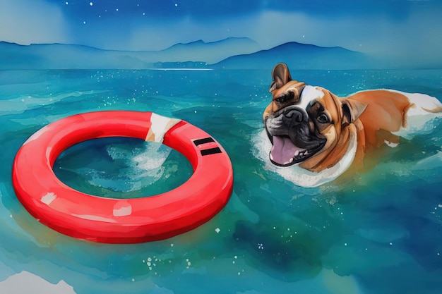 Watercolor illustration of a dog with a red life buoy in blue transparent water Generative AI