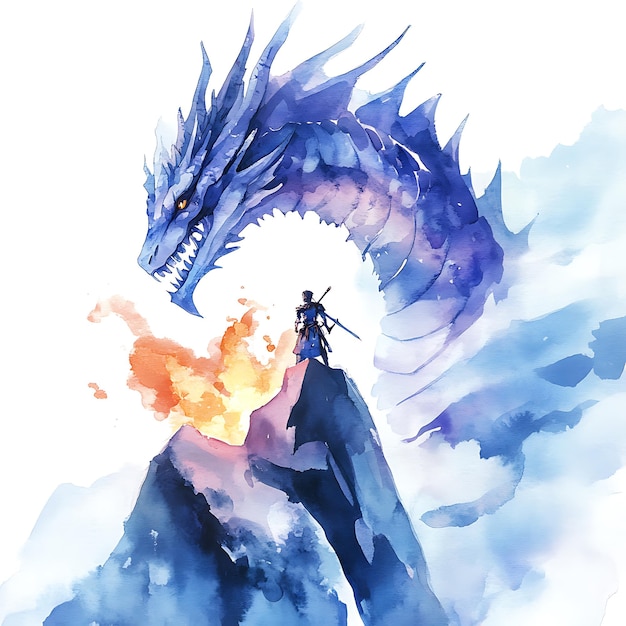 Photo watercolor illustration of a dragon and a warrior on a mountaintop