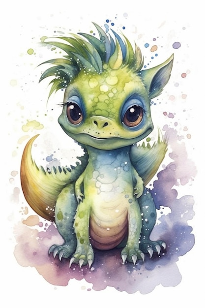 A watercolor illustration of a dragon with a green tail and green eyes.