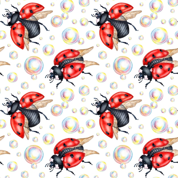 Watercolor illustration of a drawing of red ladybugs with black dots and soap bubbles Seamless isolated pattern for kitchen home decor stationery wedding invitations and clothing print