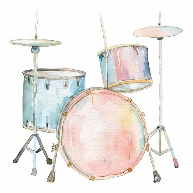 Watercolor Illustration of a Drum Set in Pastel Colors Artistic and Musical