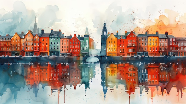 Watercolor Illustration of Dublins Buildings Reflecting in the River Liffey