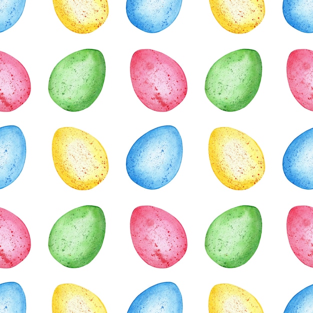 Watercolor illustration of Easter eggs seamless pattern. Endless repeating multi-colored eggs print. Easter, religion, tradition. Isolated on white background. Drawn by hand.