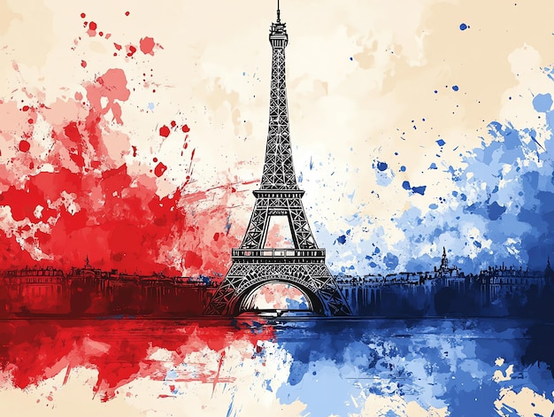 Watercolor illustration of the Eiffel Tower with red and blue splatter paint