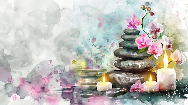 Photo watercolor illustration of elegant spa setting with lit candles flowers smooth stones calming wellness retreat for relaxation concept of luxury thai spa tranquility selfcare banner copy space