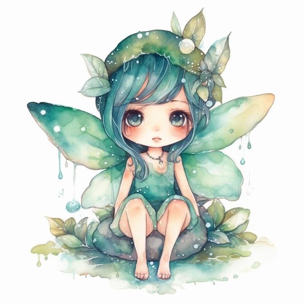 A watercolor illustration of a fairy sitting on the ground.