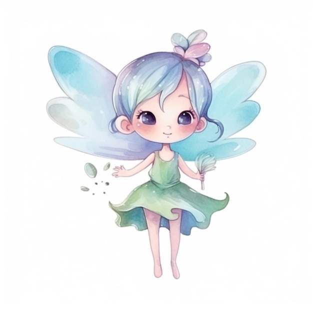 A watercolor illustration of a fairy with a green dress and a flower on her head.