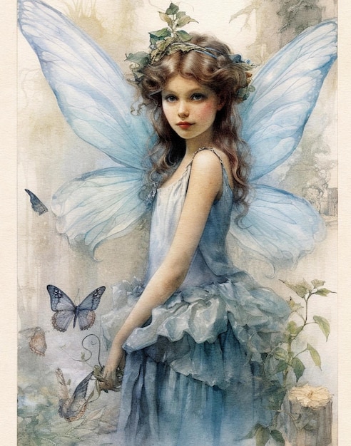 Watercolor illustration of a fairy with wings in a blue dress on a vintage background scrapbooking