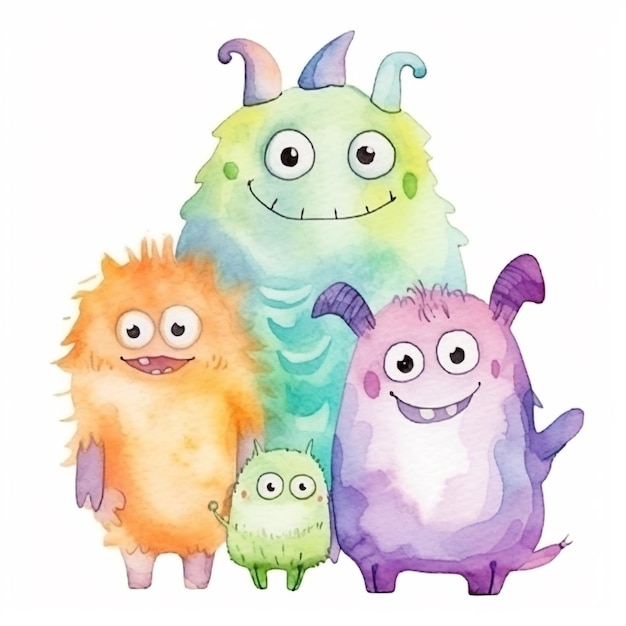 A watercolor illustration of a family of monsters.