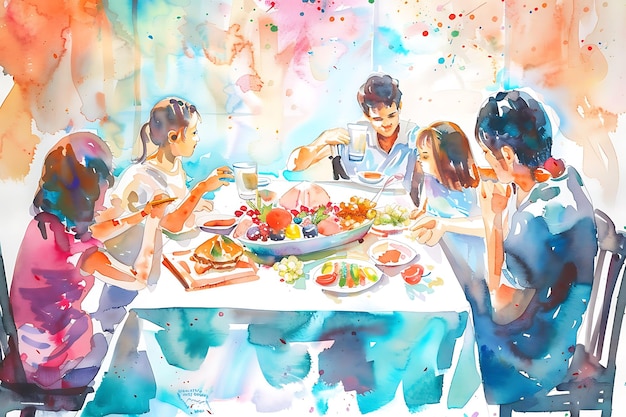 Watercolor Illustration of a Family Sharing a Meal Together