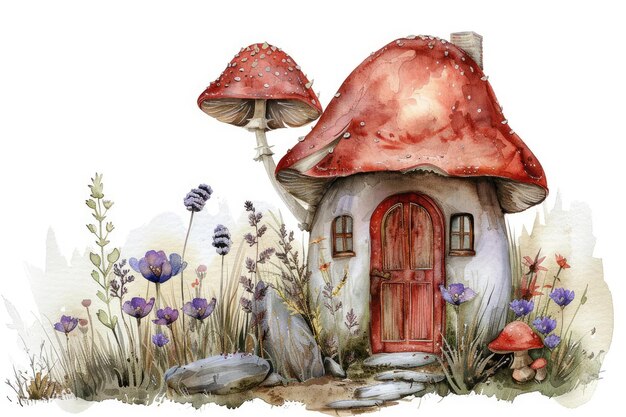 Watercolor illustration of a fantasy mushroom house