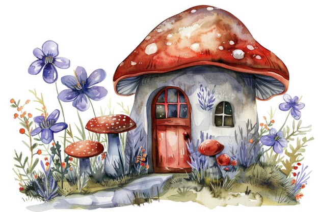 Watercolor illustration of a fantasy mushroom house