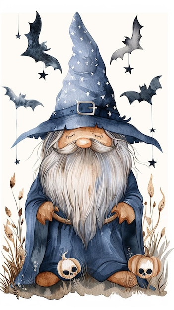 Watercolor illustration featuring a gnome wizard wearing a robe with bats around him