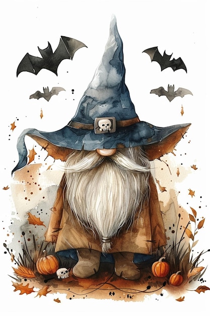 Watercolor illustration featuring a gnome wizard wearing a robe with bats around him