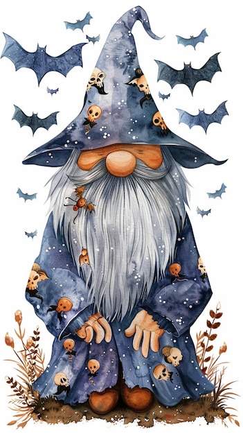 Watercolor illustration featuring a gnome wizard wearing a robe with bats around him