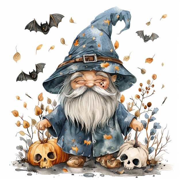 Watercolor illustration featuring a gnome wizard wearing a robe with bats around him