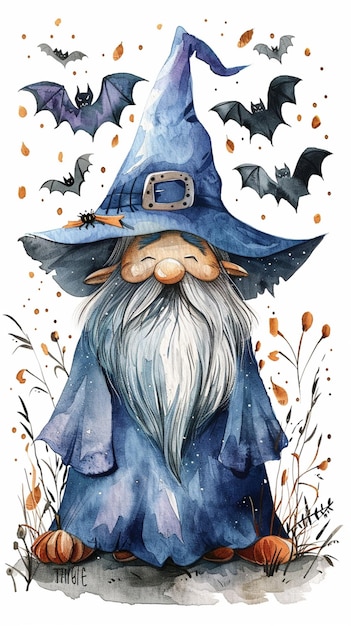 Watercolor illustration featuring a gnome wizard wearing a robe with bats around him