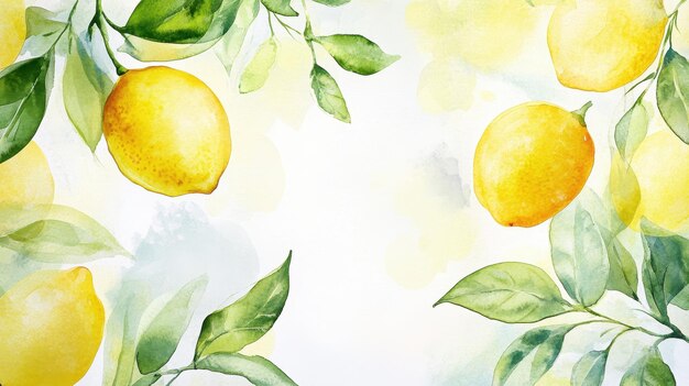 Photo a watercolor illustration featuring yellow lemons and green leaves on a light background