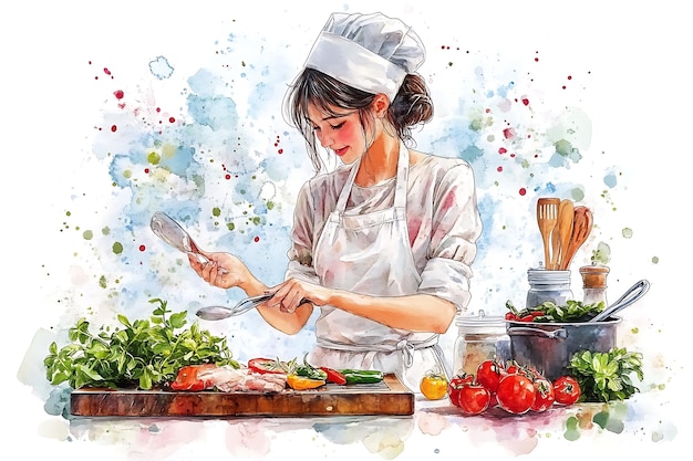 Watercolor Illustration of a Female Chef Cooking with Fresh Ingredients