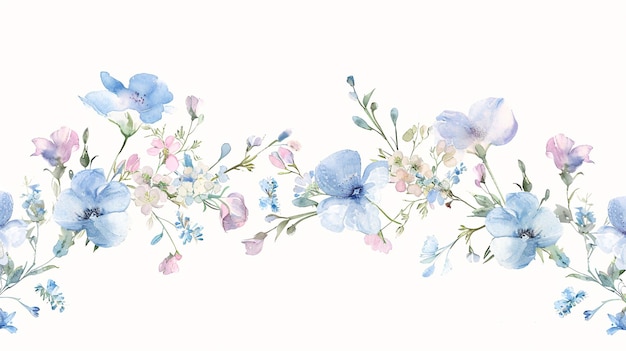 A watercolor illustration of a floral border banner featuring a delicate arrangement of blue and pink flowers The handdrawn design showcases intricate details and soft brushstrokes ideal for