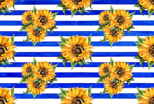 Watercolor illustration of a floral sunflower pattern on a blue striped background Seamless