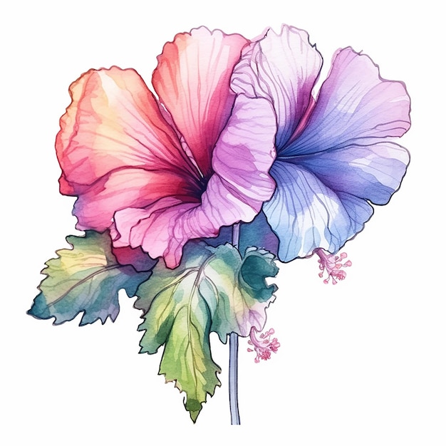 Watercolor illustration of a flower with a stem and leaves.