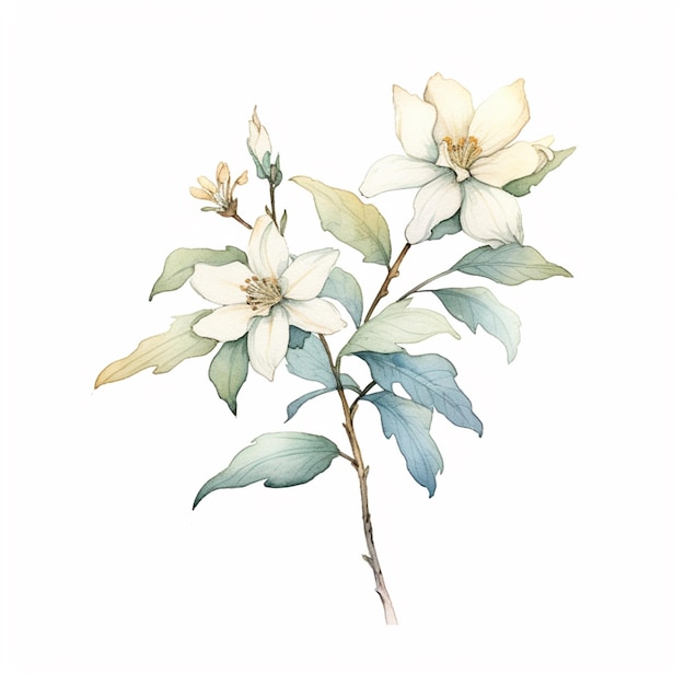 A watercolor illustration of a flower with a white flower.