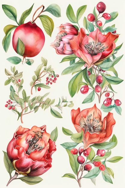 A watercolor illustration of flowers and leaves.