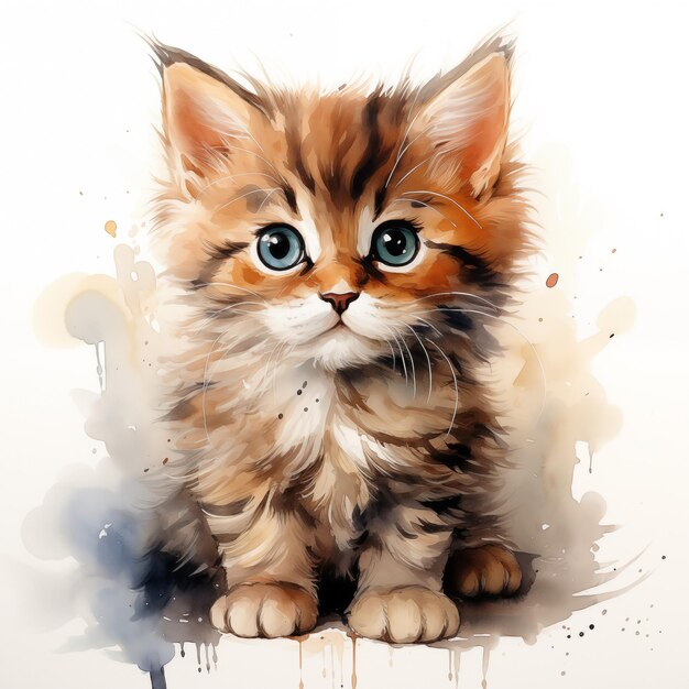 Watercolor illustration of a fluffy kitten on white background