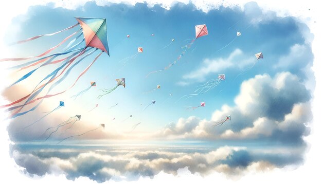 Watercolor illustration flzing kites above clouds