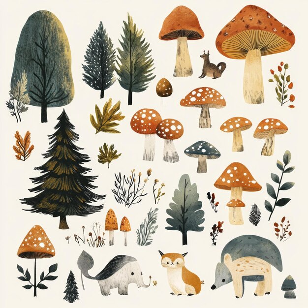 Watercolor Illustration of Forest Animals Mushrooms Trees and Plants