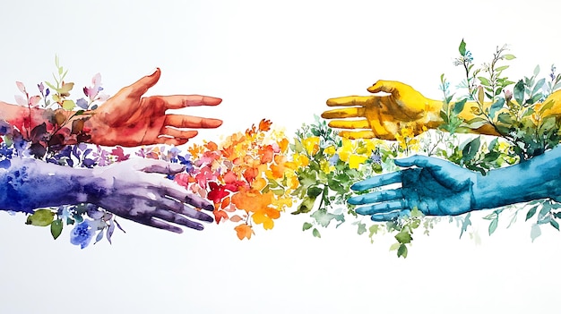 Photo watercolor illustration of four hands reaching towards each other surrounded by flowers