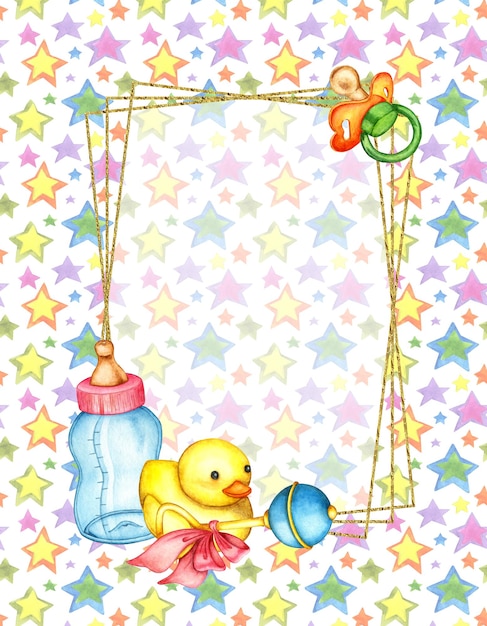 Watercolor illustration of a frame of childrens toys and supplies Bottle rubber duck rattle