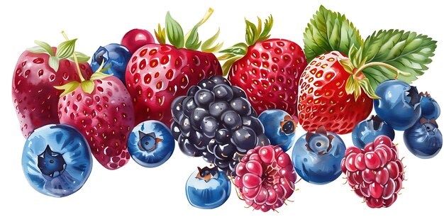 Watercolor Illustration of Fresh Berries Strawberries Blueberries Raspberries and Blackberries