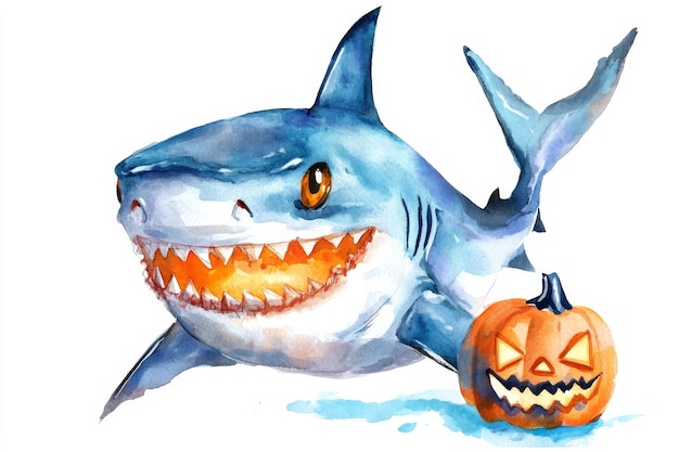 Photo a watercolor illustration of a friendly shark wearing a halloween costume and holding a jacko