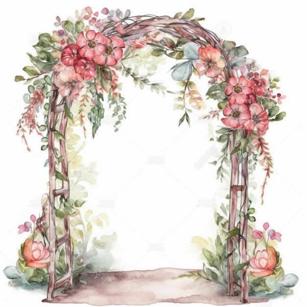 Watercolor illustration of a garden arch with red flowers.