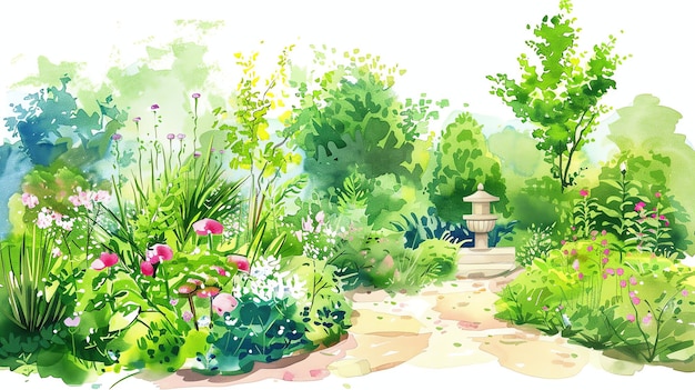 Photo a watercolor illustration of a garden path leading to a fountain