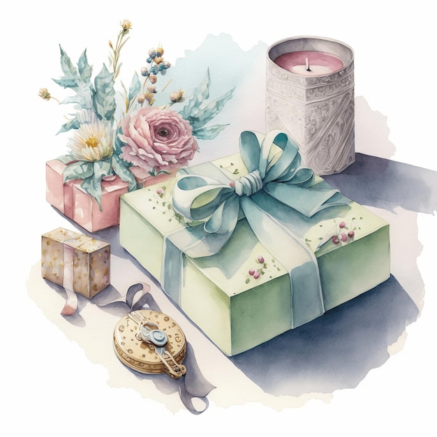 Watercolor illustration, gift items, bright and romantic, pastel colors