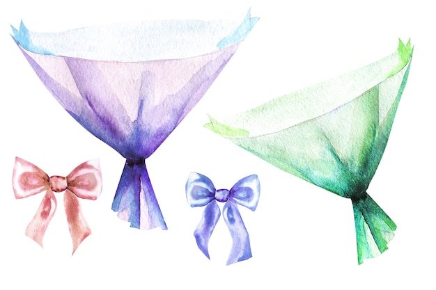 Watercolor illustration gift wrapping for a bouquet of flowers