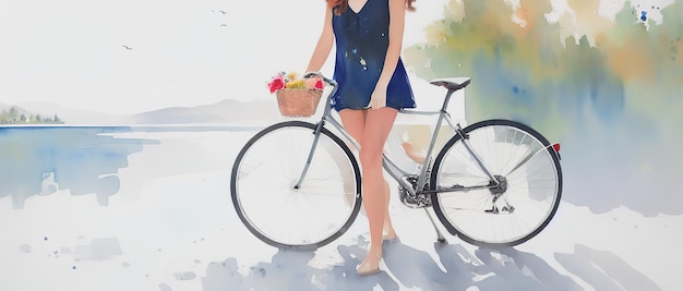 Watercolor illustration of a girl on a bicycle on the sea coast Generative AI