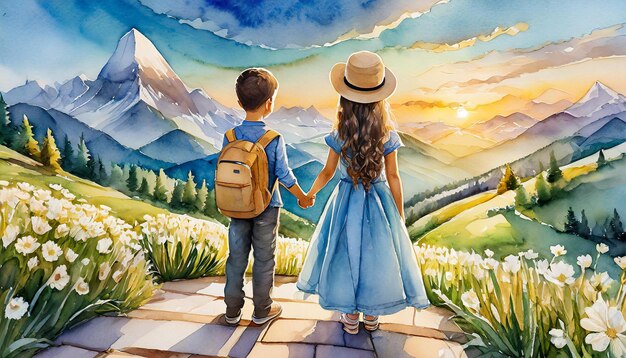 Watercolor illustration of girl and boy beautiful natural landscape Kids back view Hand drawn art