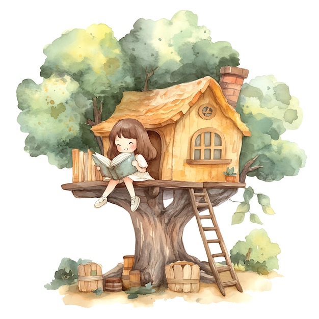 Watercolor Illustration of a Girl Reading in a Treehouse