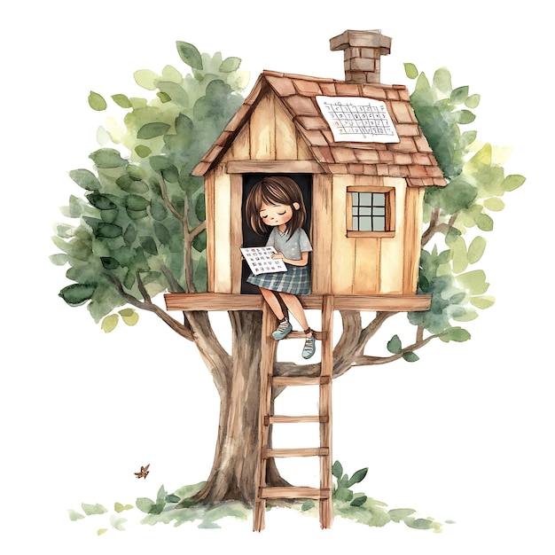 Watercolor Illustration of a Girl Reading in a Treehouse