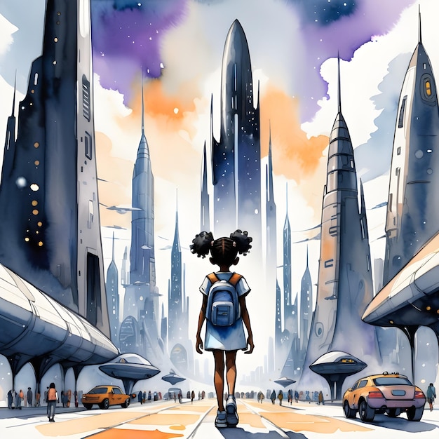 Watercolor illustration of a girl walking in the center of a futuristic city