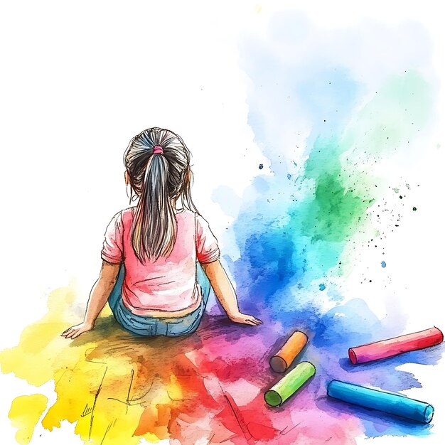 Photo watercolor illustration of a girl with crayons and a rainbow