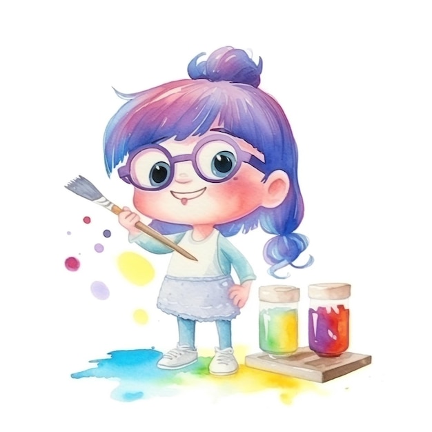 A watercolor illustration of a girl with glasses and a paintbrush