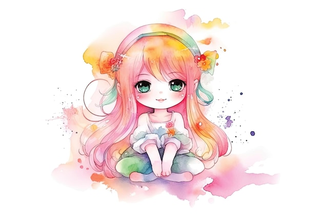 A watercolor illustration of a girl with pink hair and a rainbow colored headphones sits on a colorful background.